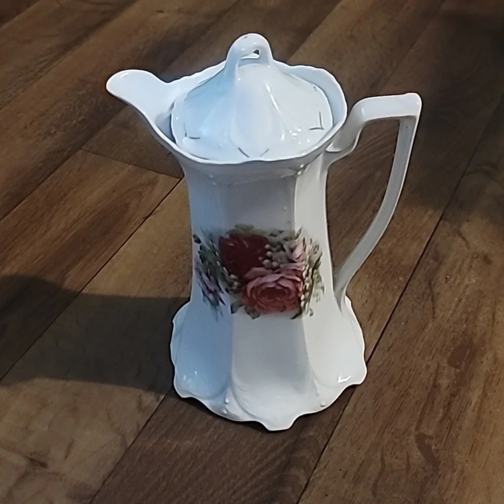 Antique Victorian Chocolate Pot German Porcelain PinkRoses Shabby Cottage Chic - Picture 1 of 7